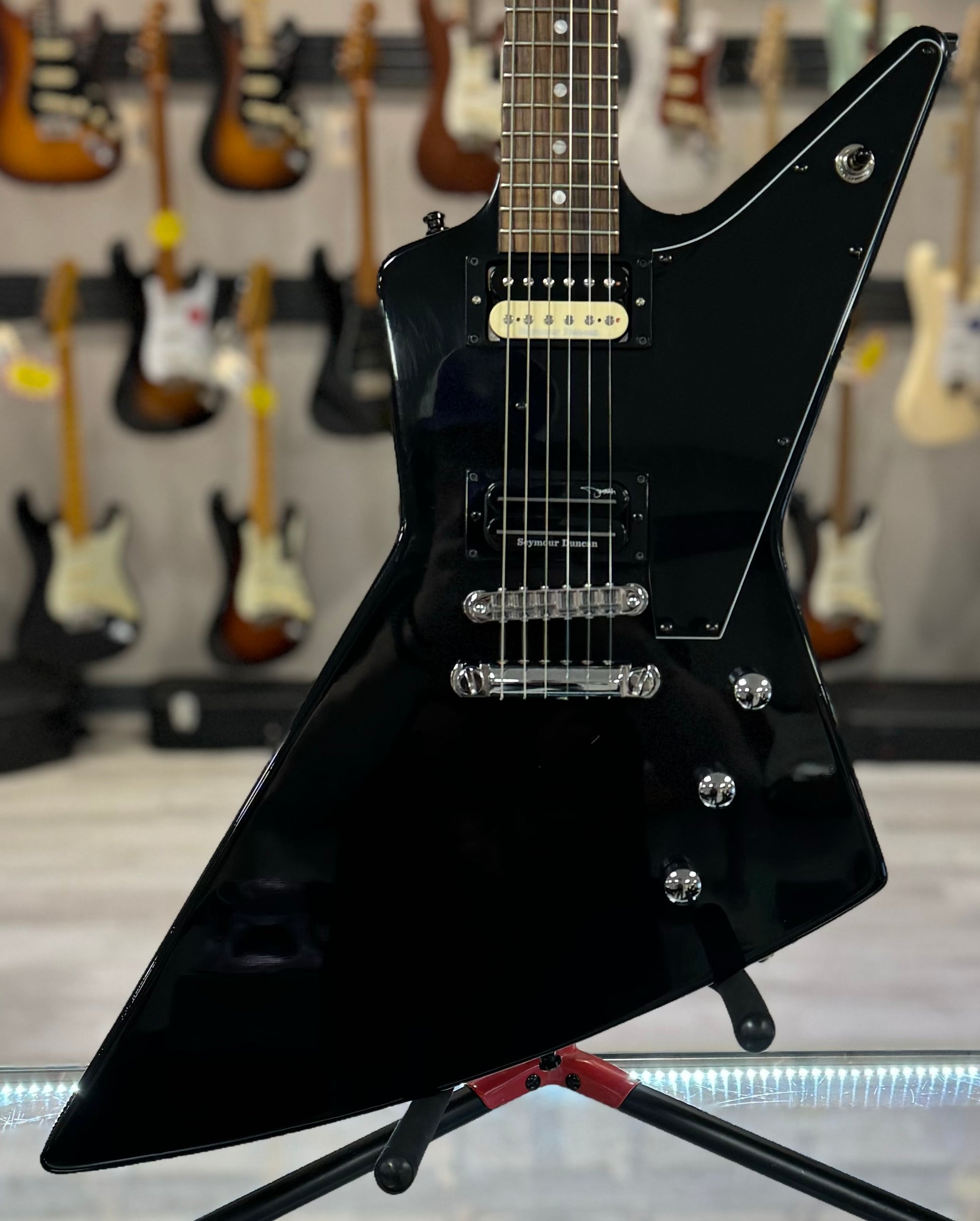 Front of Used Gibson Explorer Ebony w/ Seymour Duncan 59 in Neck & Dimebucker in Bridge w/case 