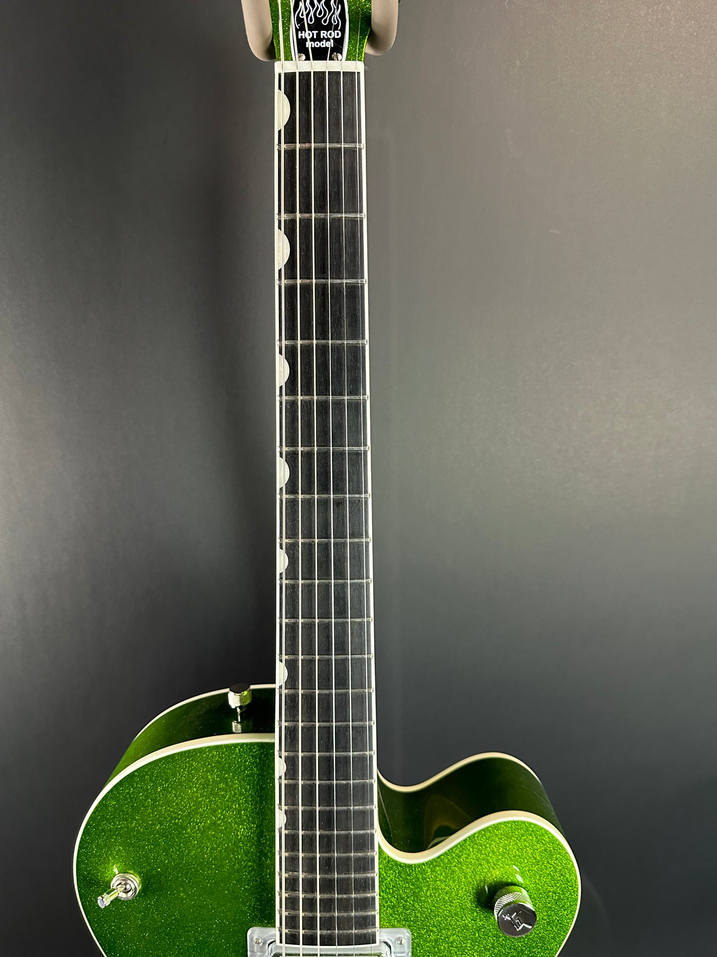 Fretboard of Used Gretsch G6120T Brian Setzer Signature Hot Rod Extreme Coolant Green.