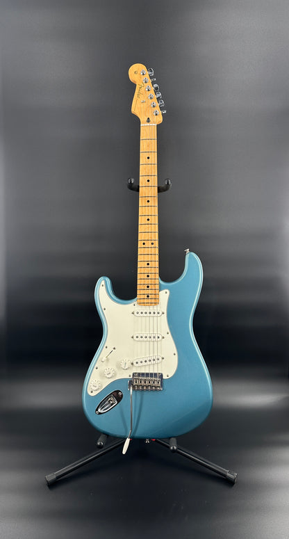 Full front of body of Used Fender Player Strat Blue Left Handed.