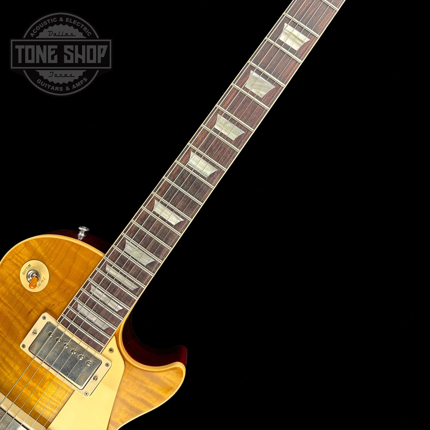 Fretboard of Gibson Custom Shop M2M 1959 Les Paul Standard Chambered Lemon Burst VOS.