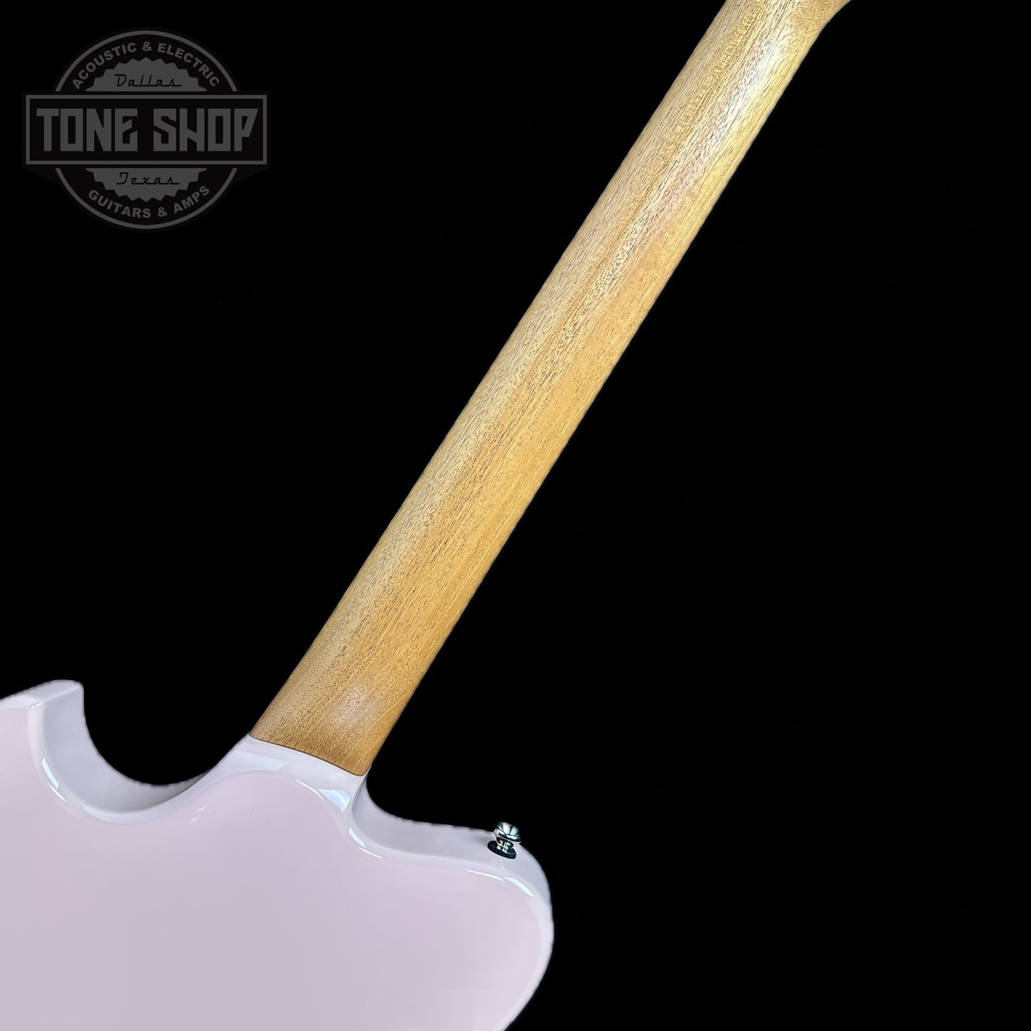 Back of neck of Powers Electric A-Type Cochon PInk PF42 Pearl Brass Neutral Hard Tail.