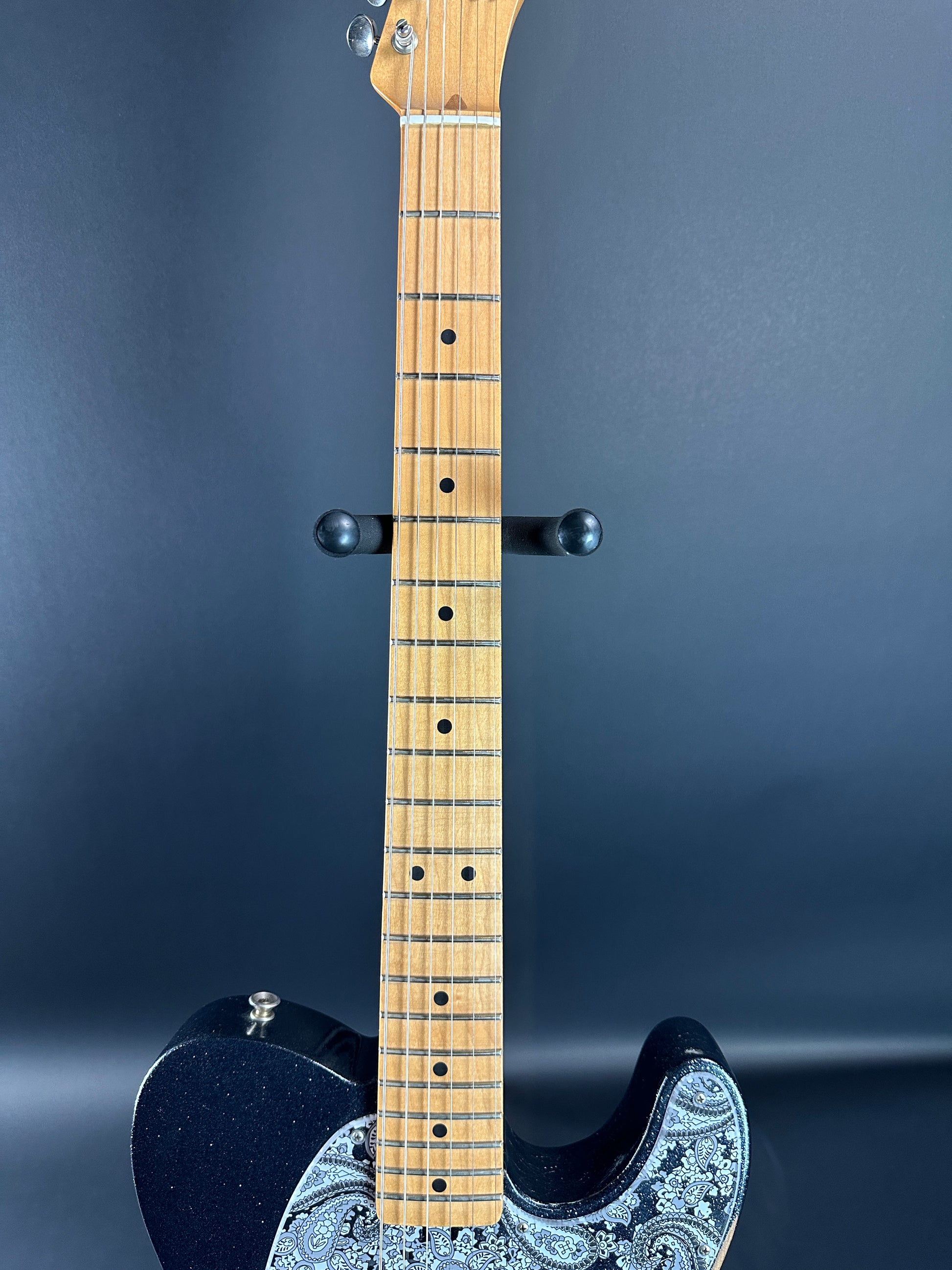 Fretboard of Used Fender Brad Paisley Esquire Tele Black Sparkle w/Centano T-Bender B&G Bender.