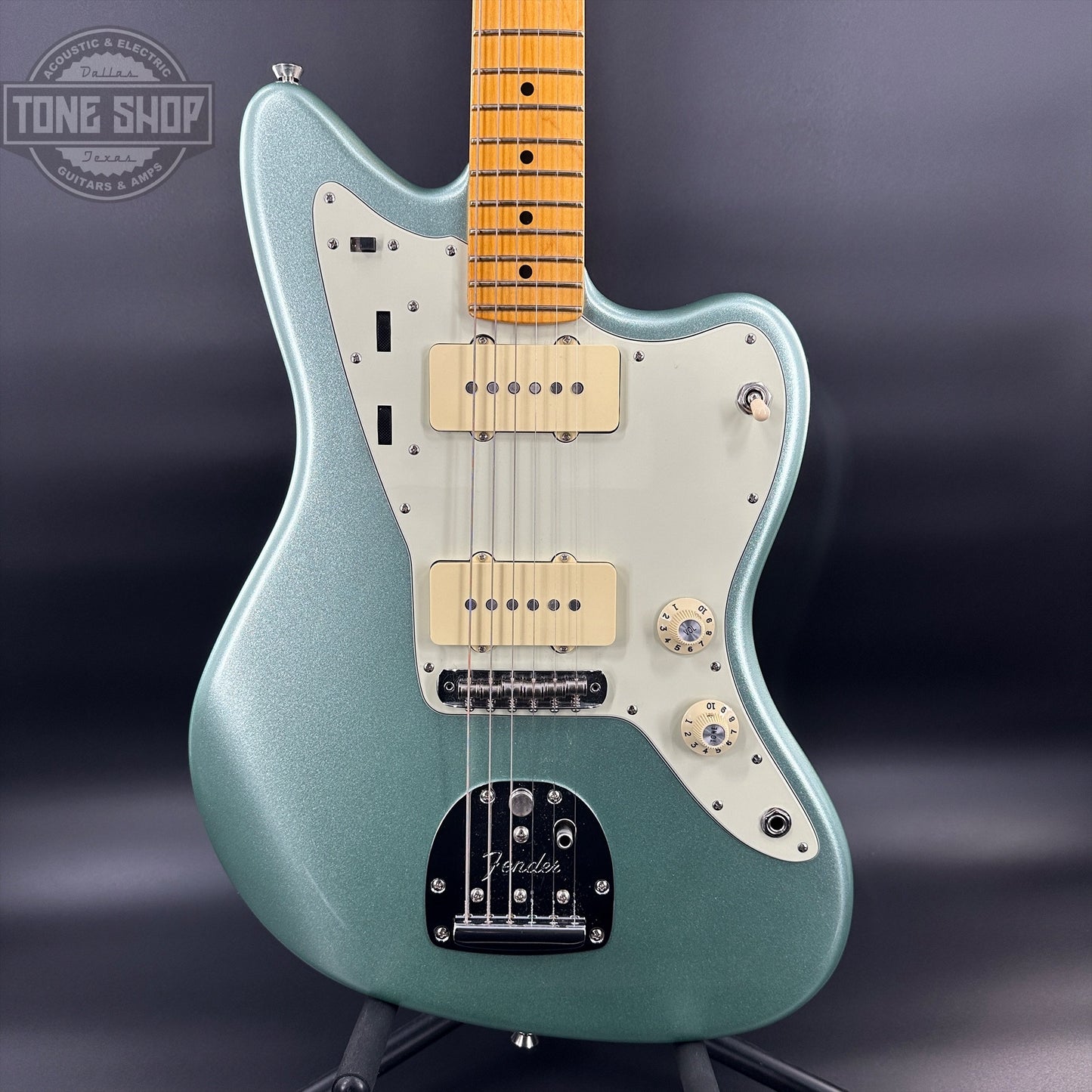 Front of Used Fender American Pro II Jazzmaster Mystic Surf Green.