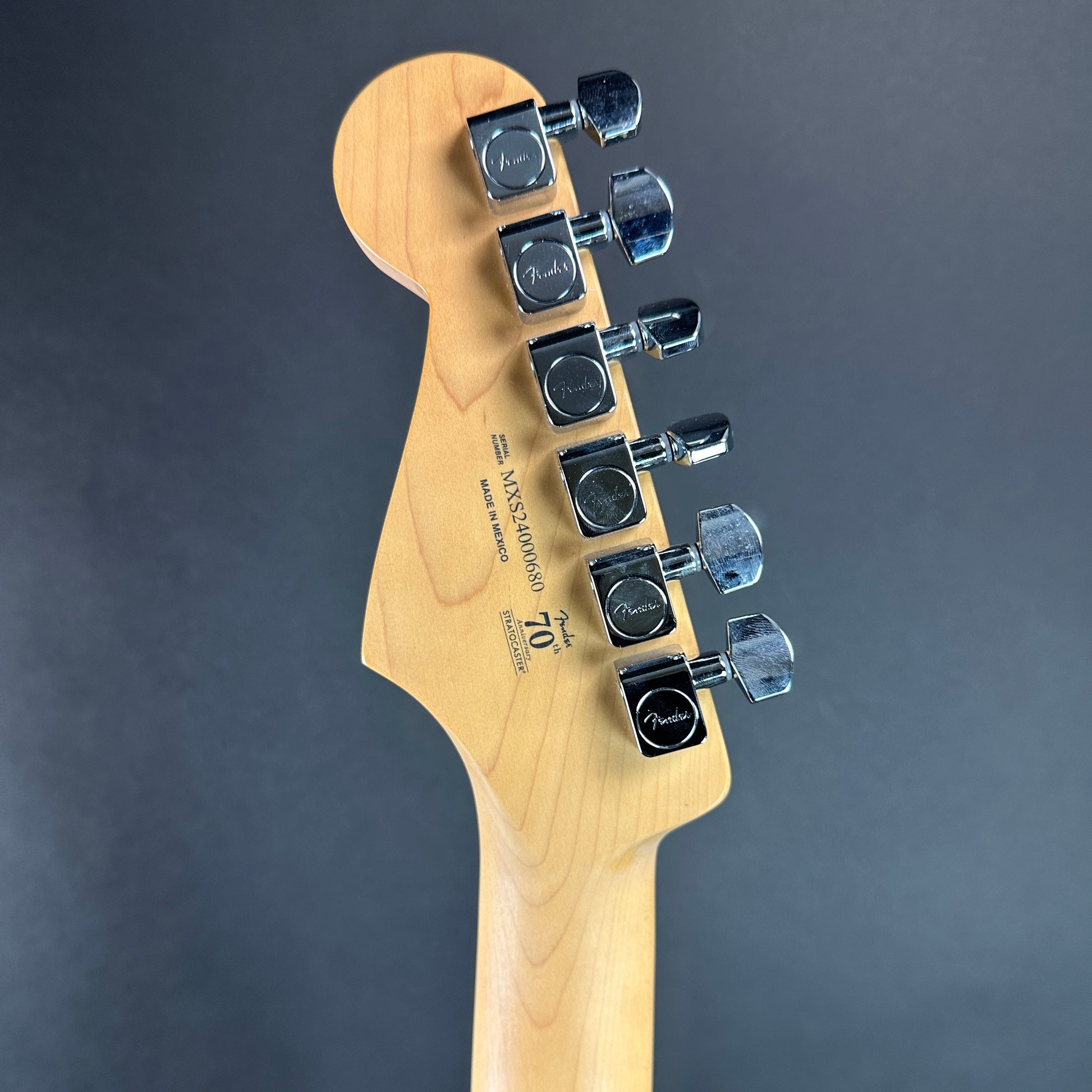 Back of headstock of Used 2024 Fender Player Stratocaster Pau Ferro 2-Tone Sunburst.