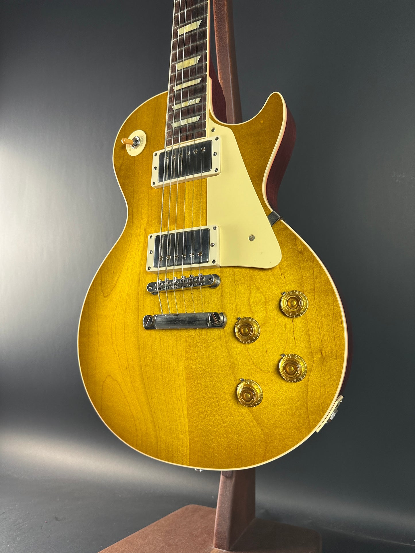 Front angle of Used Gibson Custom Shop 1958 Les Paul Standard VOS Lemon Burst.