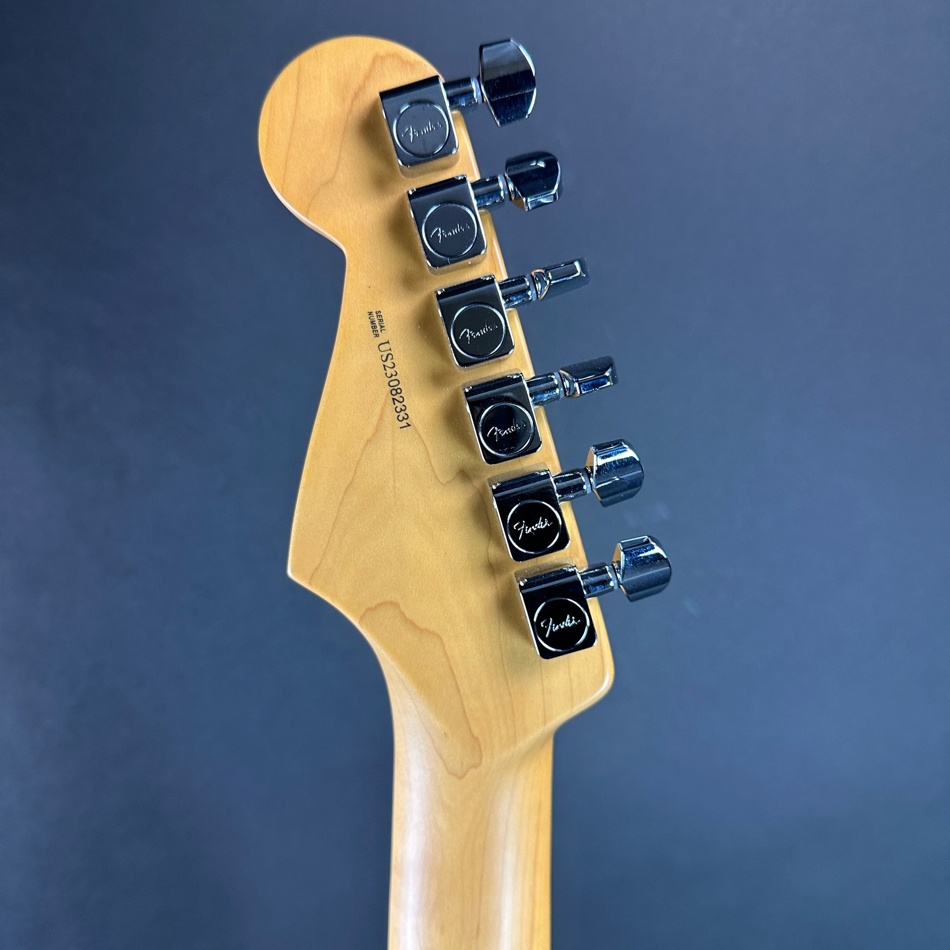 Back of headstock of Used 2023 Fender American Pro II Stratocaster Rosewood 2 Tone Sunburst.