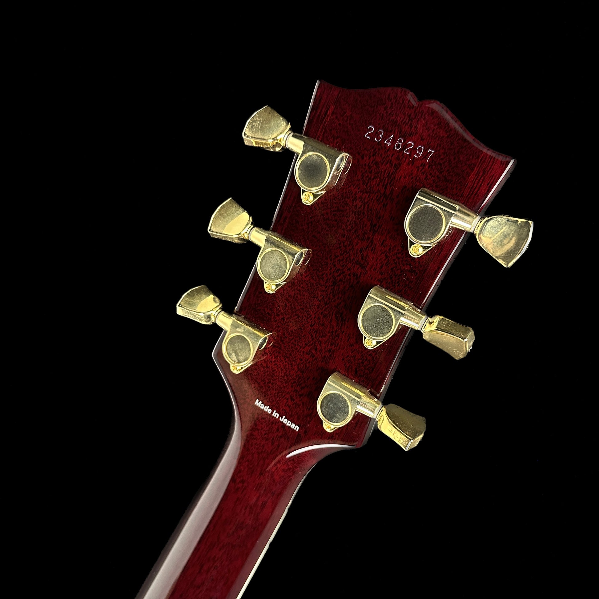 Back of headstock of Used Tokai LC156 Wine Red.