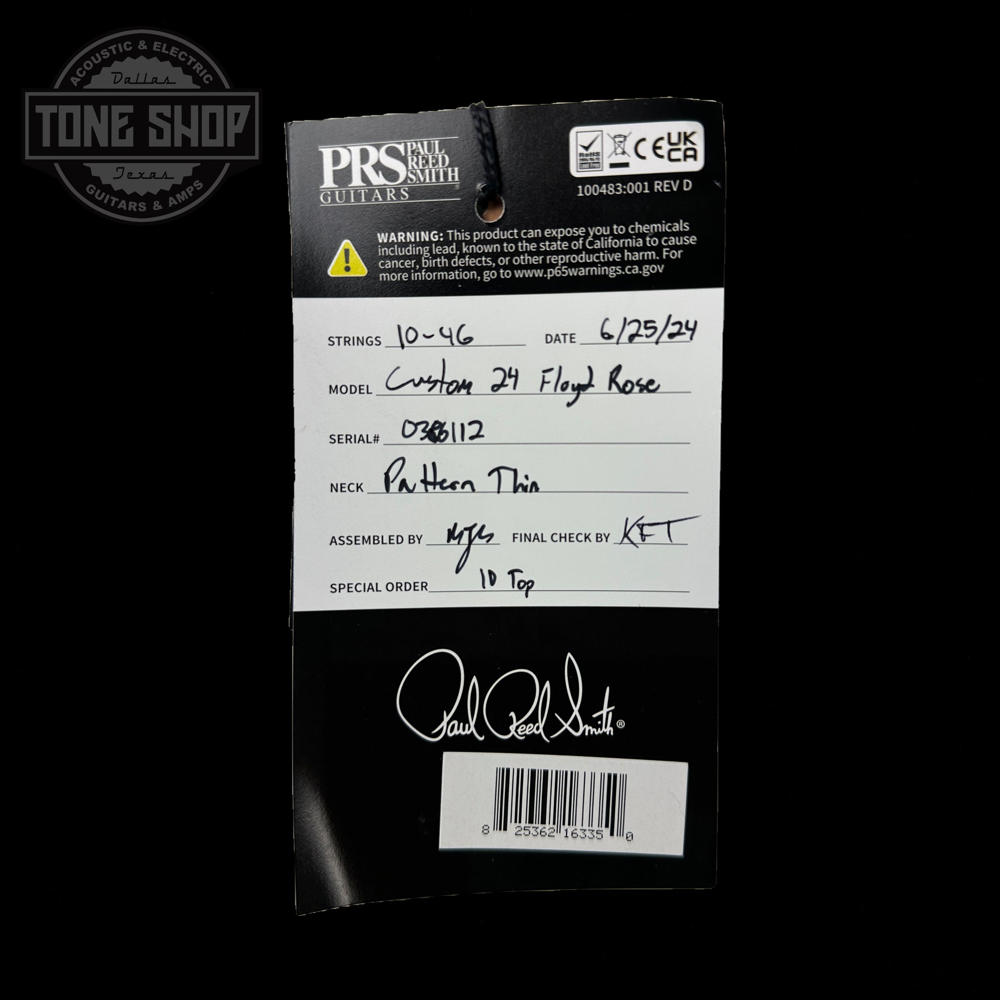 Hang tag for PRS Custom 24 Floyd 10 Top Cobalt Smokeburst.