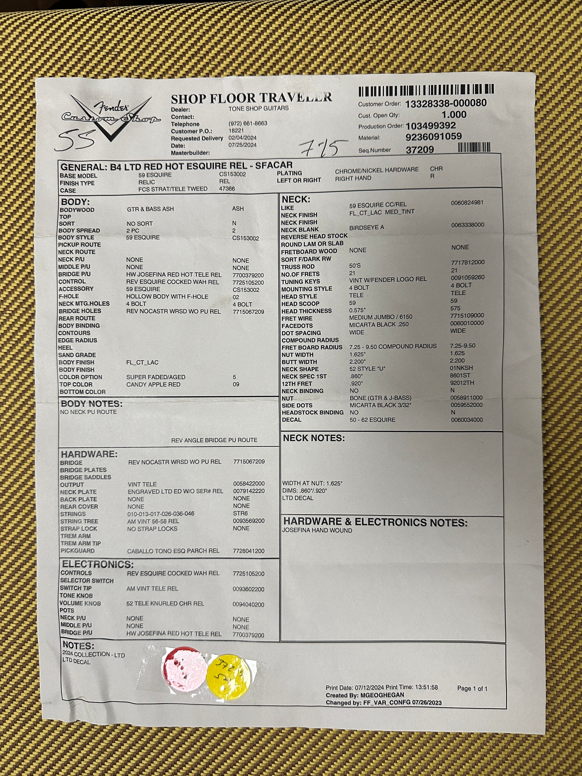 Spec sheet for Fender Custom Shop Limited Edition Red Hot Esquire Relic Super Faded Aged Candy Apple Red.