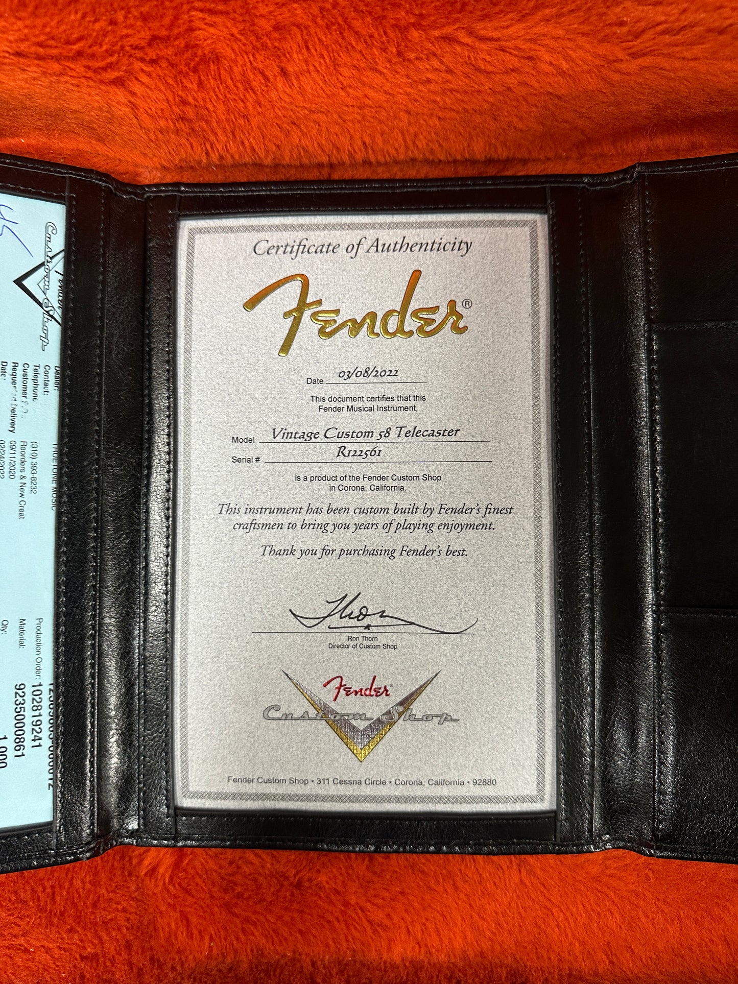 Certificate of authenticity for Used Fender Custom Shop Vintage Custom Time Capsule 58 Tele White Blonde.