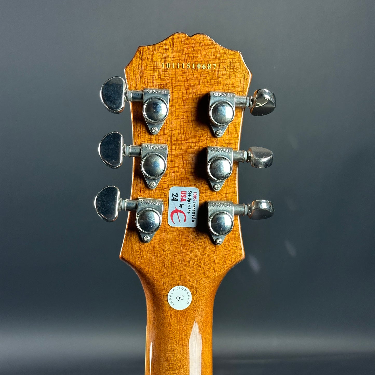 Back of headstock of Used Epiphone Les Paul Standard Honeyburst.