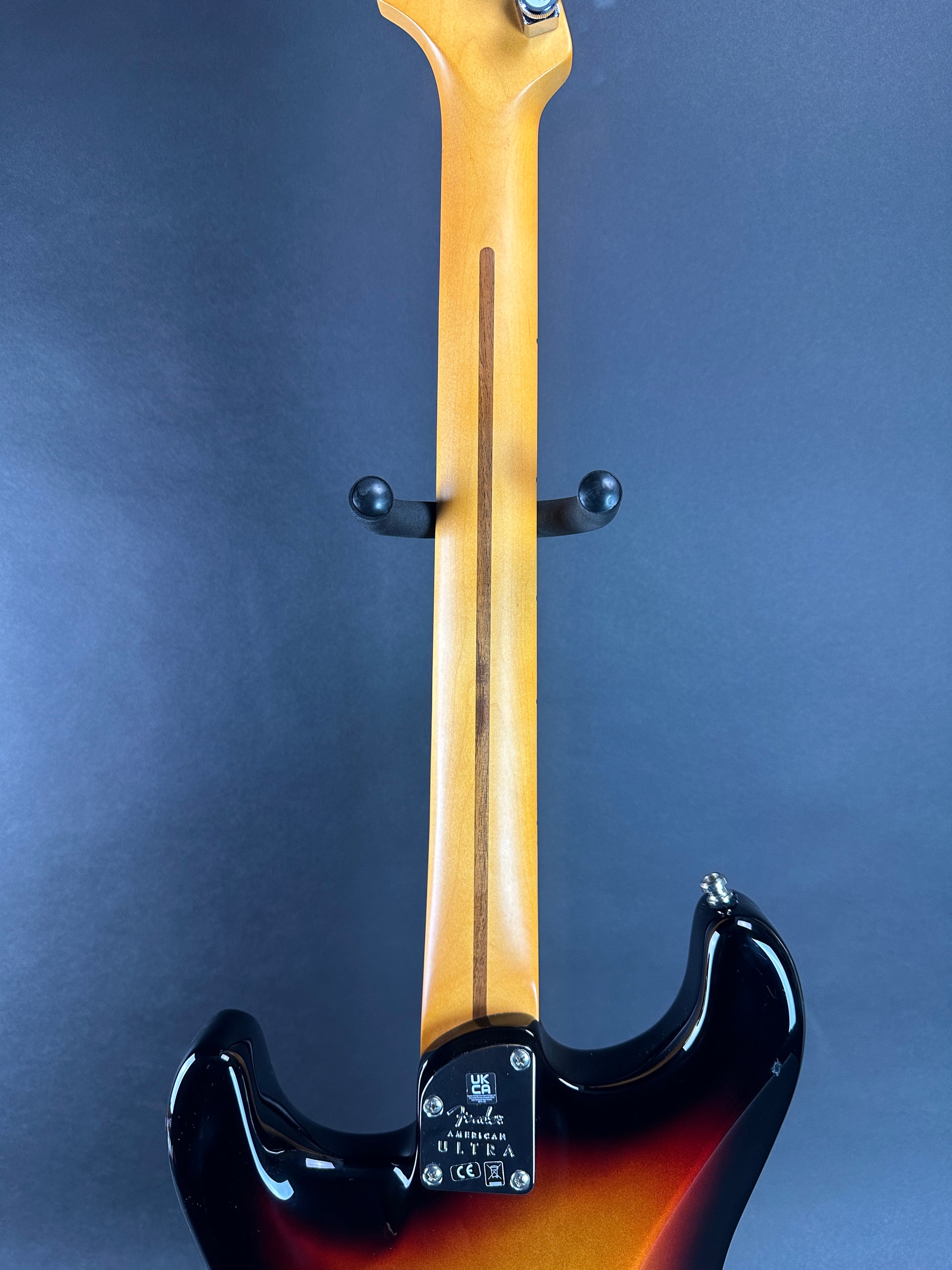 Back of neck of Used 2022 Fender American Ultra Strat Ultraburst.
