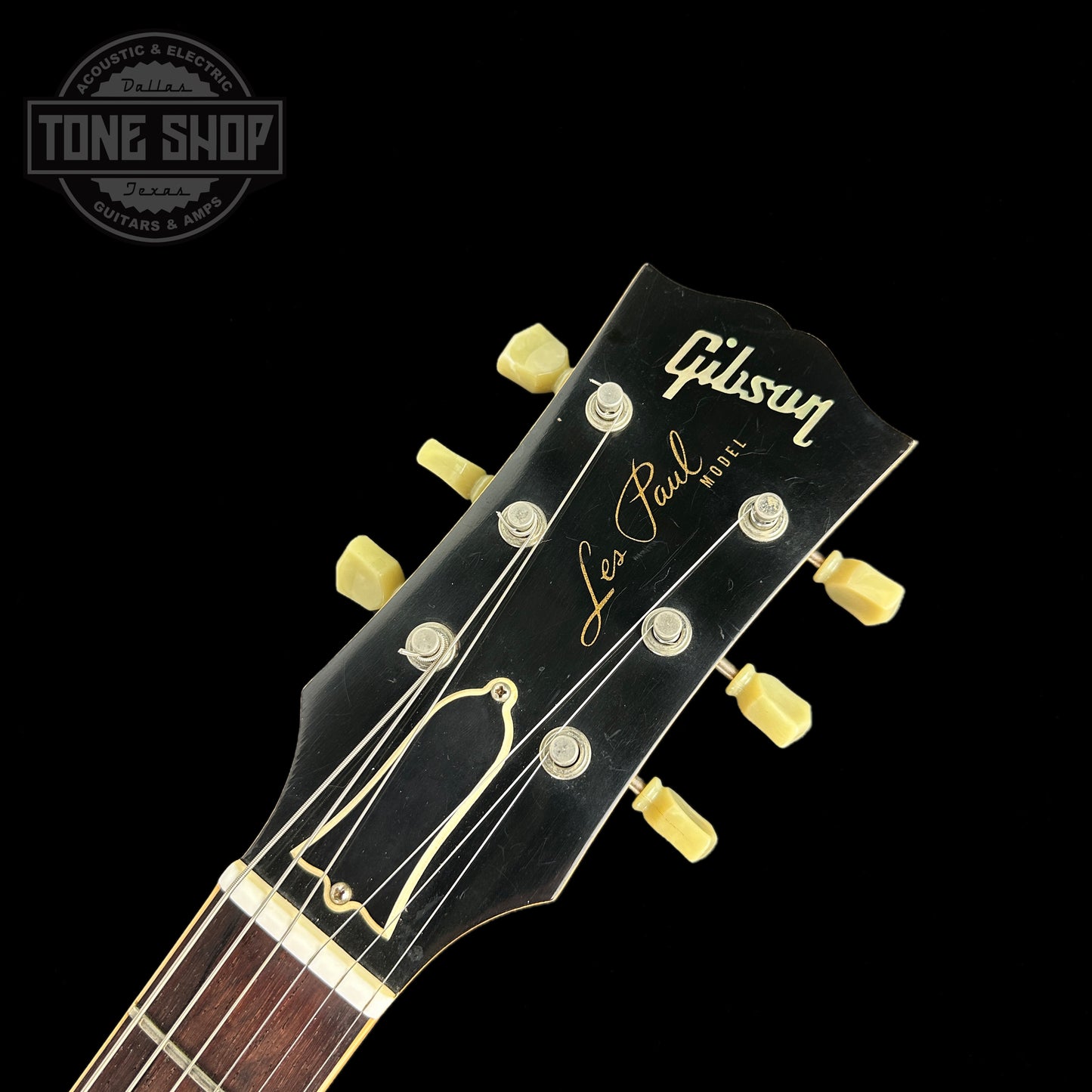 Front of headstock of Used Gibson Custom 1957 Les Paul Gold Top.