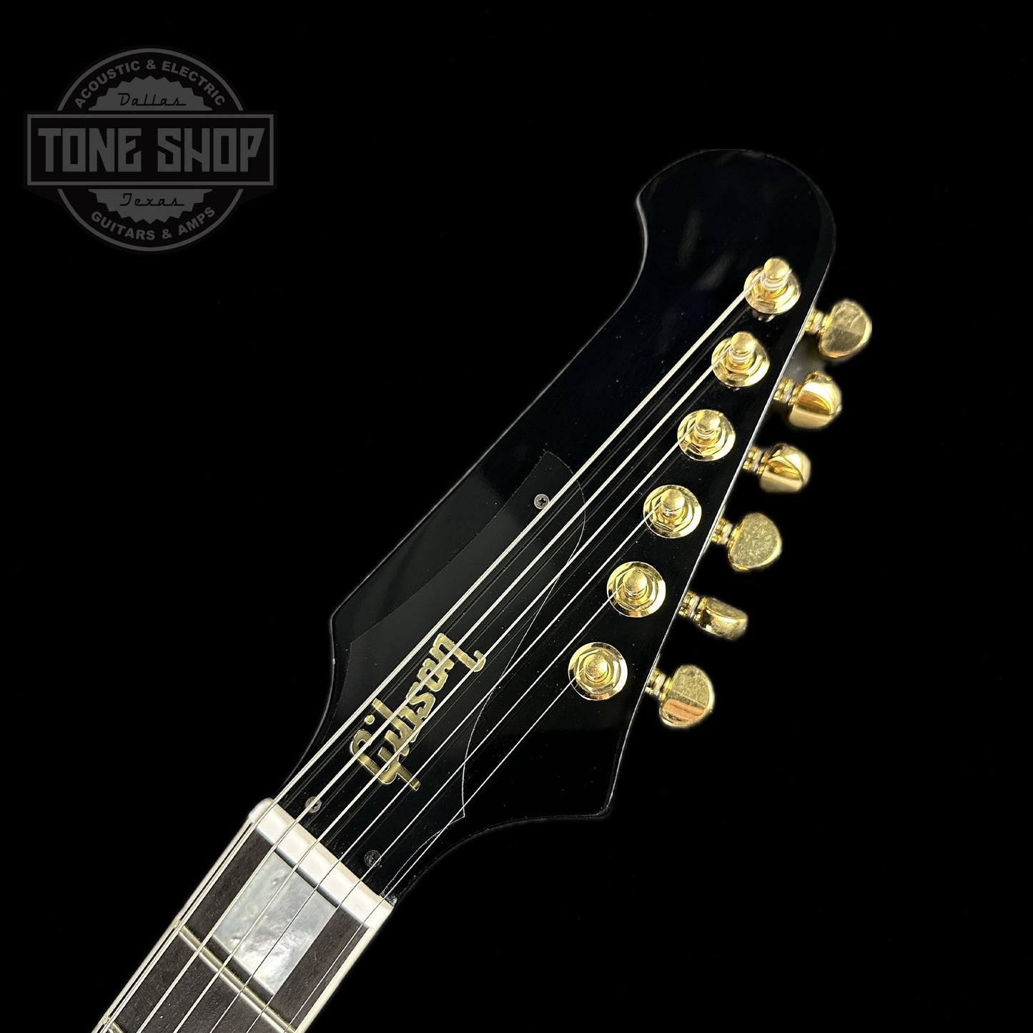 Front of headstock of Used Gibson Custom Shop Firebird Ebony.