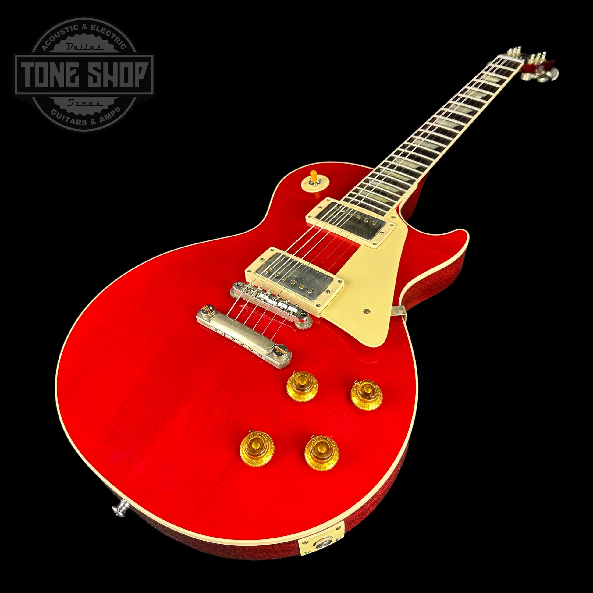 Front angle of Gibson Custom Shop Dealer's Choice 1958 Les Paul Standard Chambered Sweet Cherry Murphy Lab Ultra Light Aged.