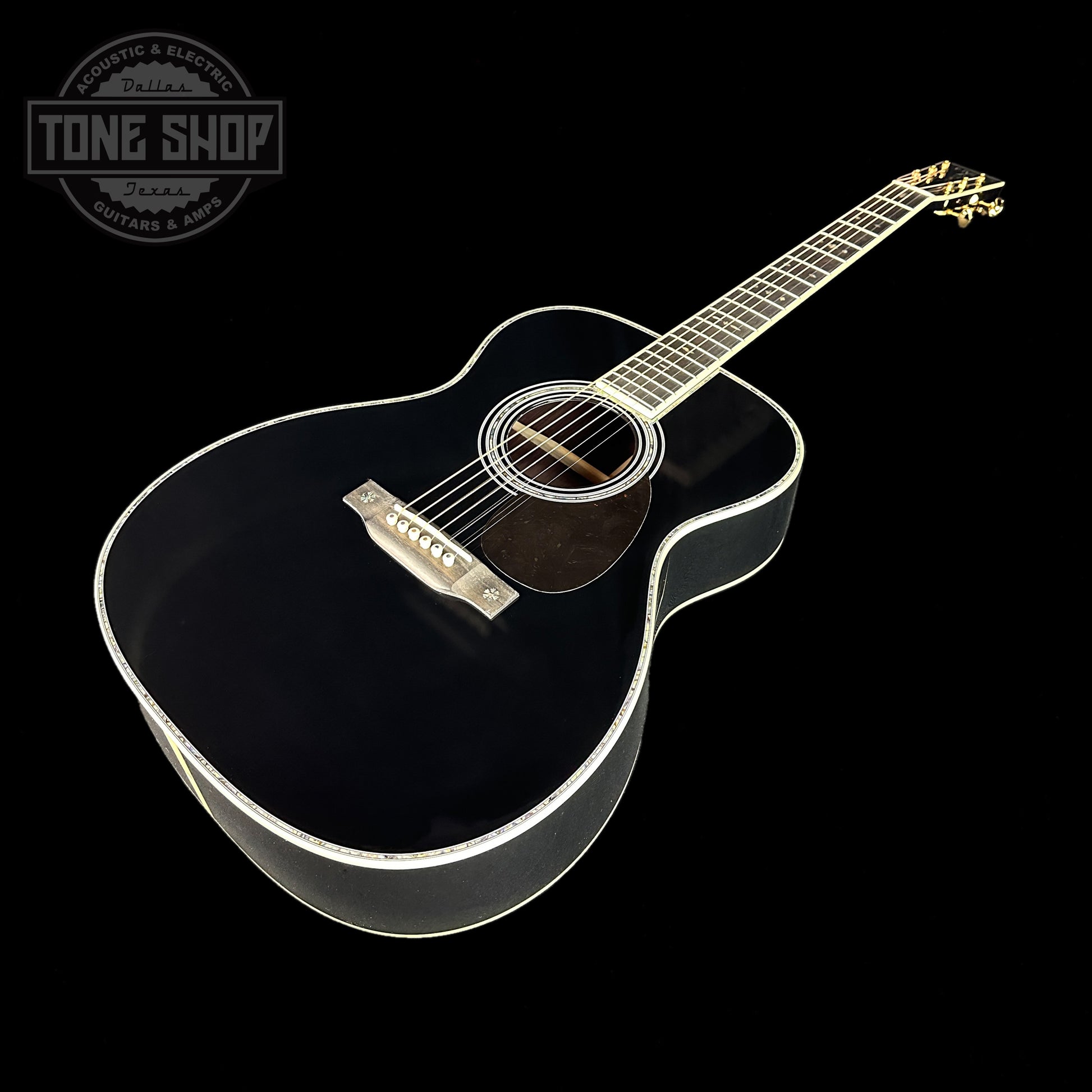 Front angle of Martin Custom Shop OM-42 Black.