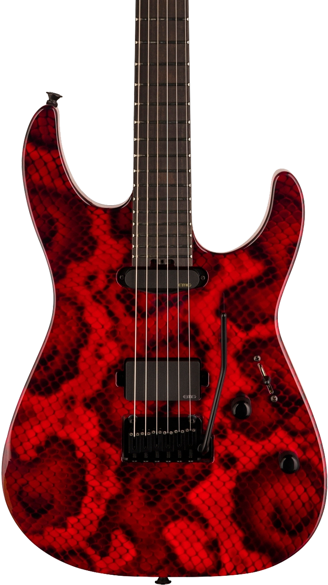 Front of Charvel Custom Shop Usa Special Edition Dk24 Red Snakeskin.