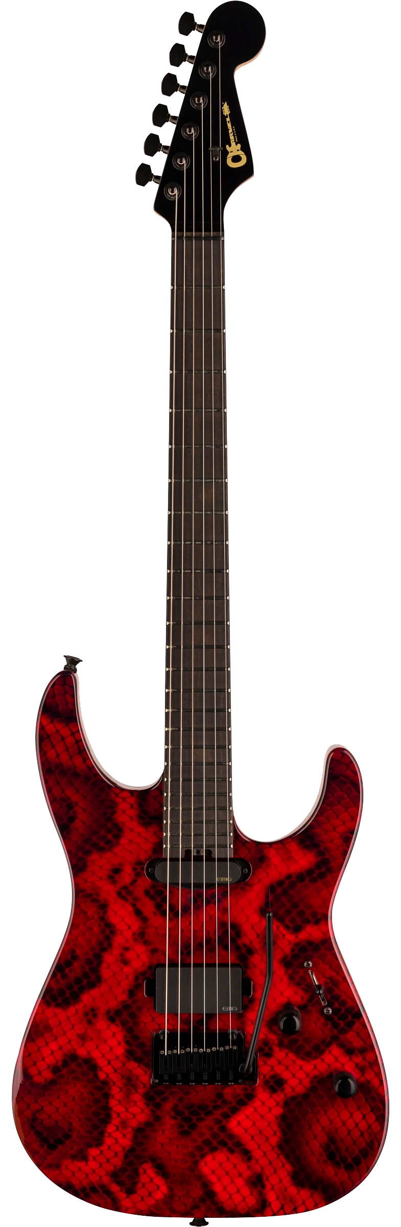 Full frontal of Charvel Custom Shop Usa Special Edition Dk24 Red Snakeskin.