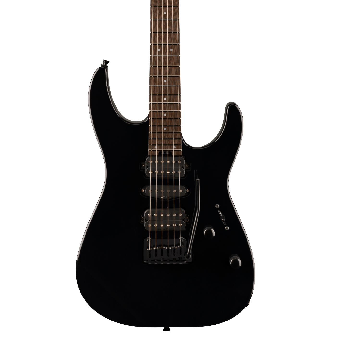 Front of Charvel MJ DK24 HSH 2PT W Mahogany Wenge Fingerboard Black.