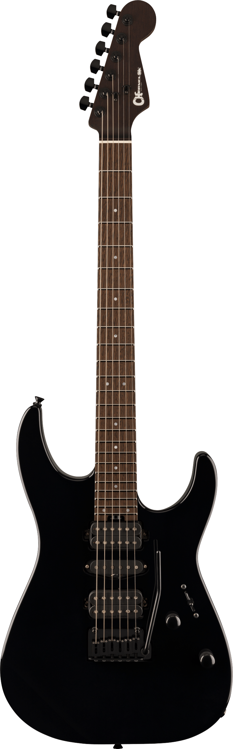 Full frontal of Charvel MJ DK24 HSH 2PT W Mahogany Wenge Fingerboard Black.