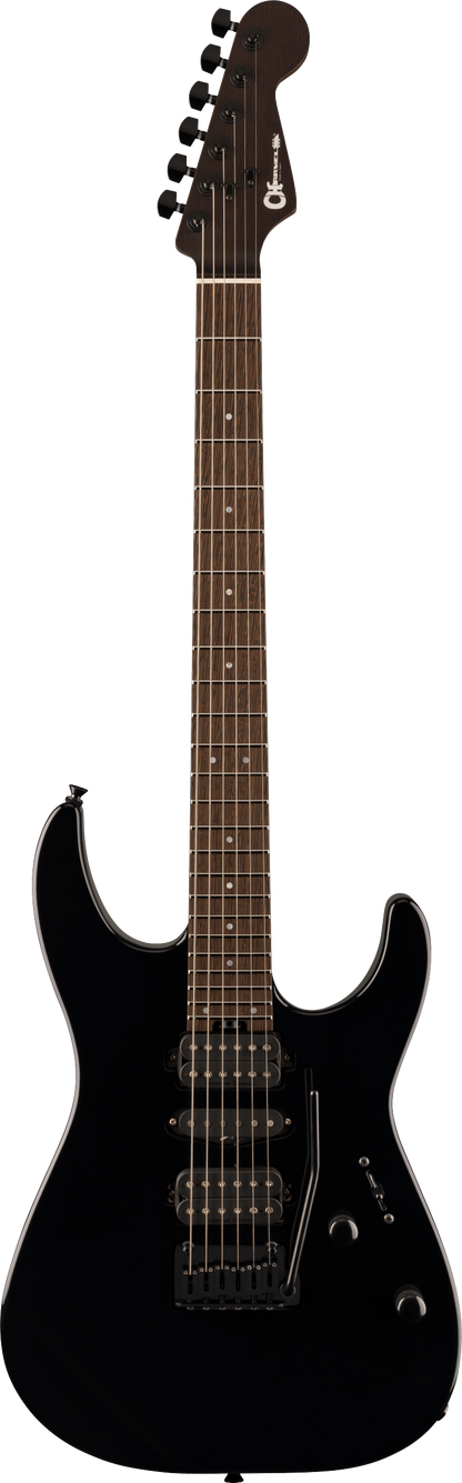 Full frontal of Charvel MJ DK24 HSH 2PT W Mahogany Wenge Fingerboard Black.