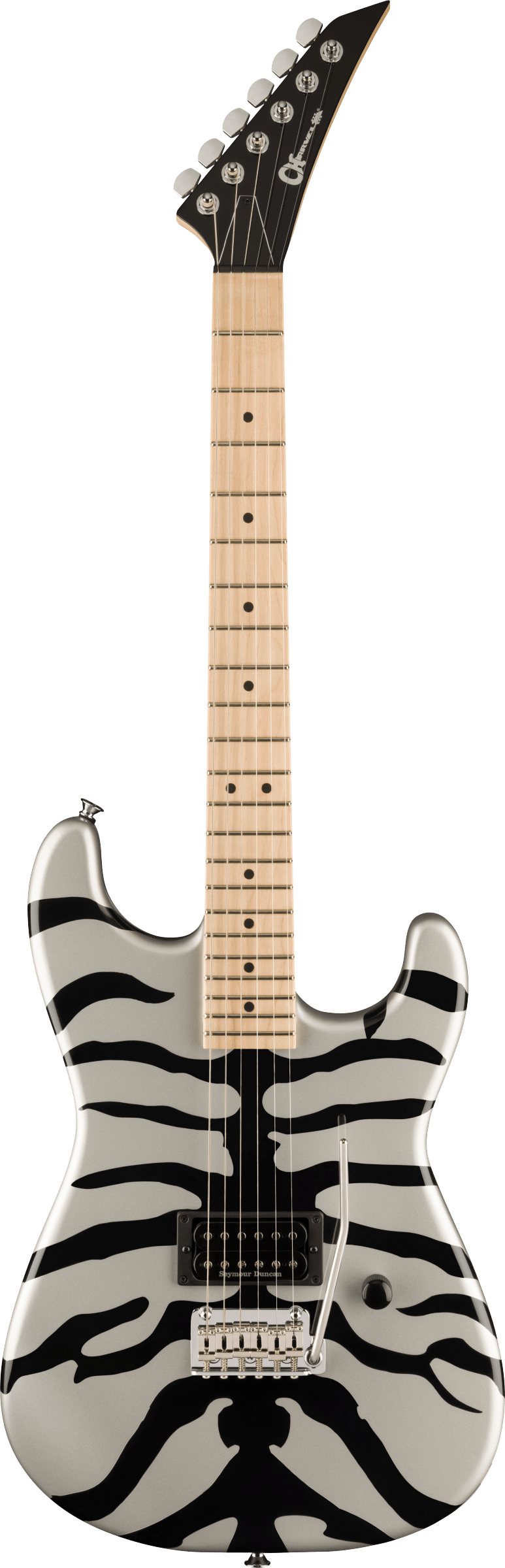 Full frontal of Charvel Super-Stock SD1 H 2PT M MP Silver Bengal.