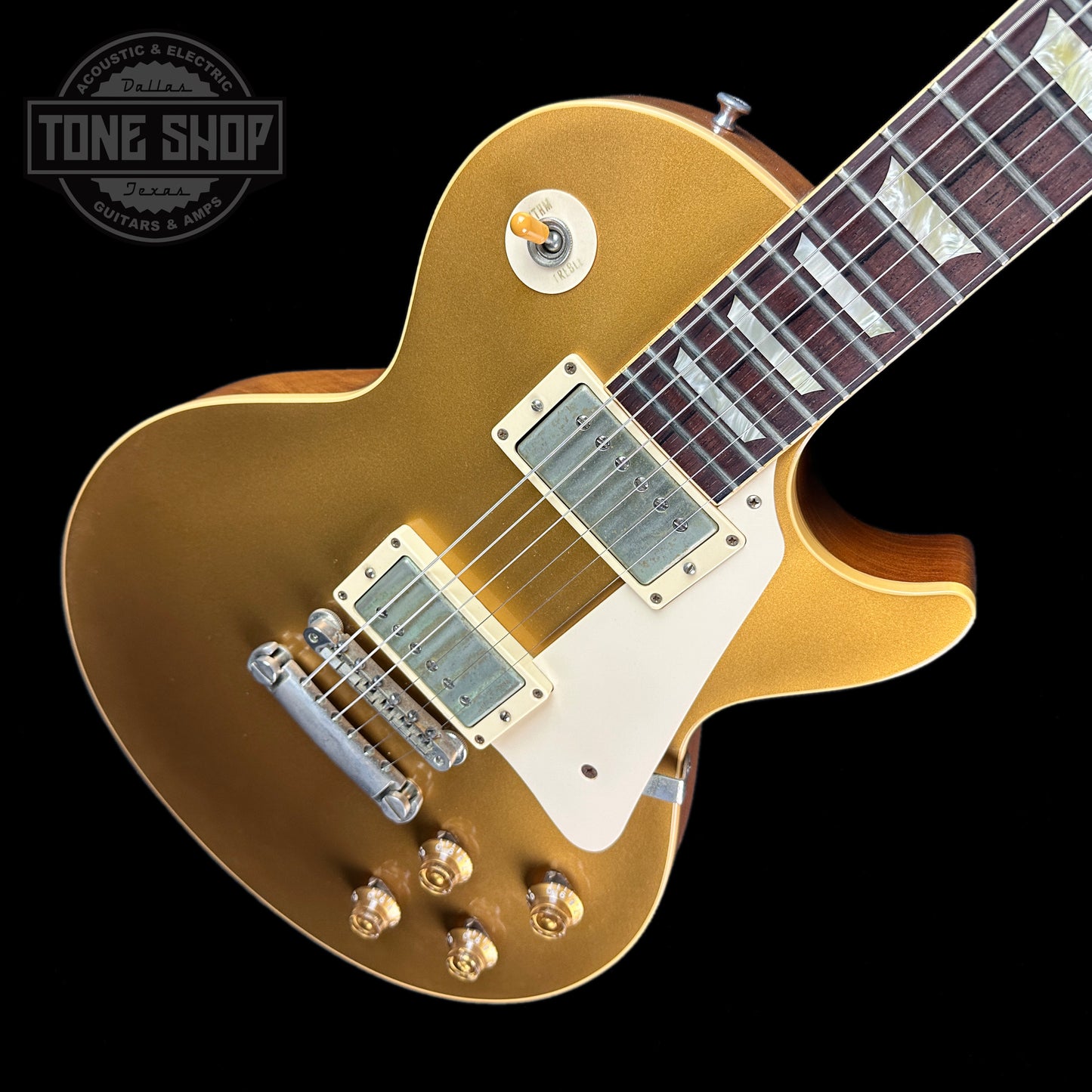 Front angle of Used Gibson Custom 1957 Les Paul Gold Top.