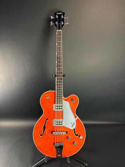 Full front of Used 1991 Gretsch G6119B Broadcaster Bass Orange.