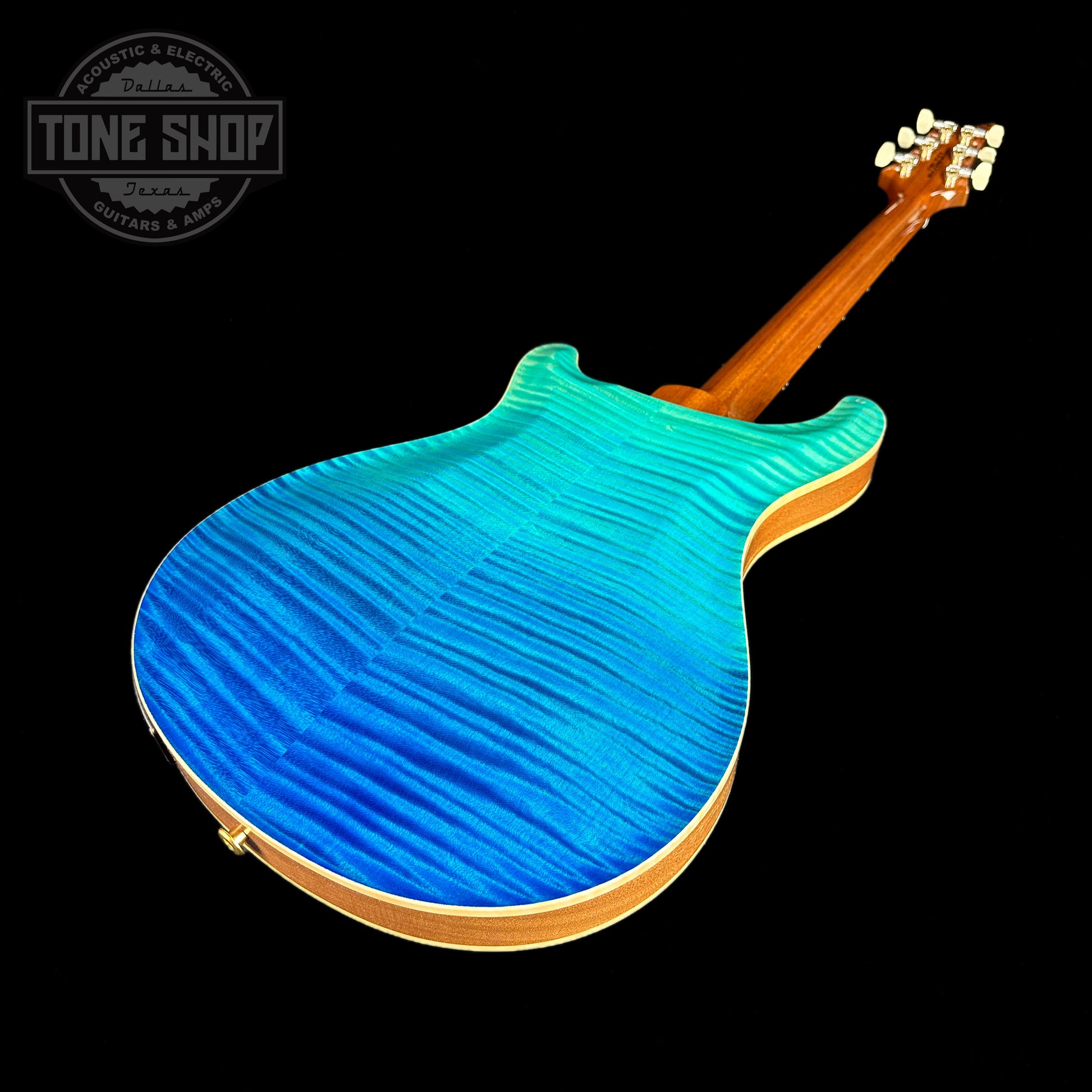 Back angle of PRS Wood Library Hollowbody II Piezo 10-top Blue Fade Braz RW.