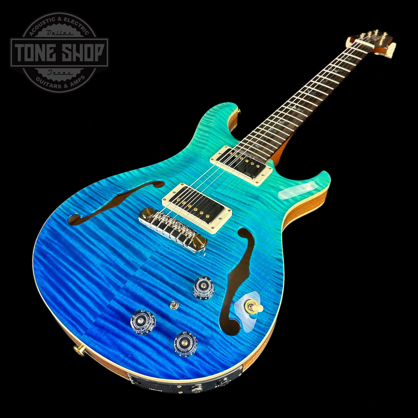 Front angle of PRS Wood Library Hollowbody II Piezo 10-top Blue Fade Braz RW.