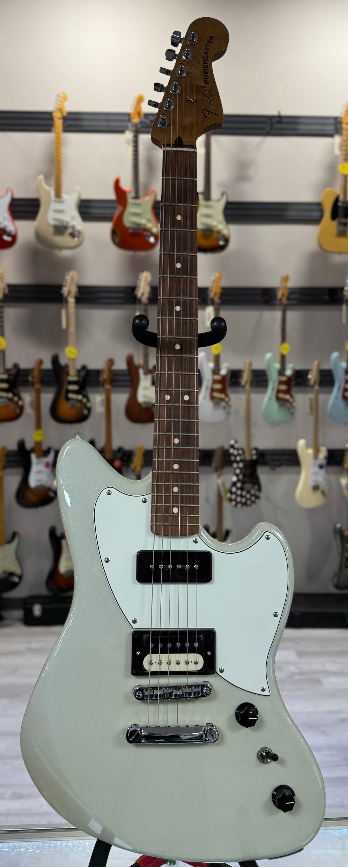 Full front of Used Fender Alternate Reality Powercaster Pearl White w/case 