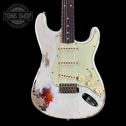 Front of Fender 1960 Stratocaster Heavy Relic Rosewood Fingerboard Aged Olympic White over 3-Color Sunburst.