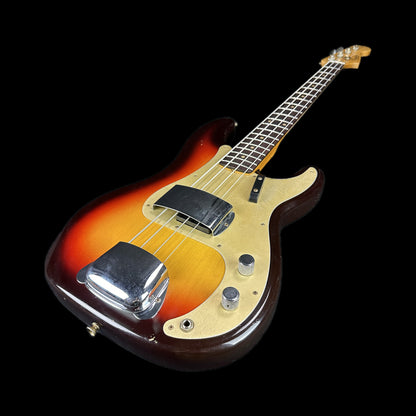 Front angle of Fender Custom Shop Limited Edition '59 Precision Bass Journeyman Relic Chocolate 3 Color Sunburst.