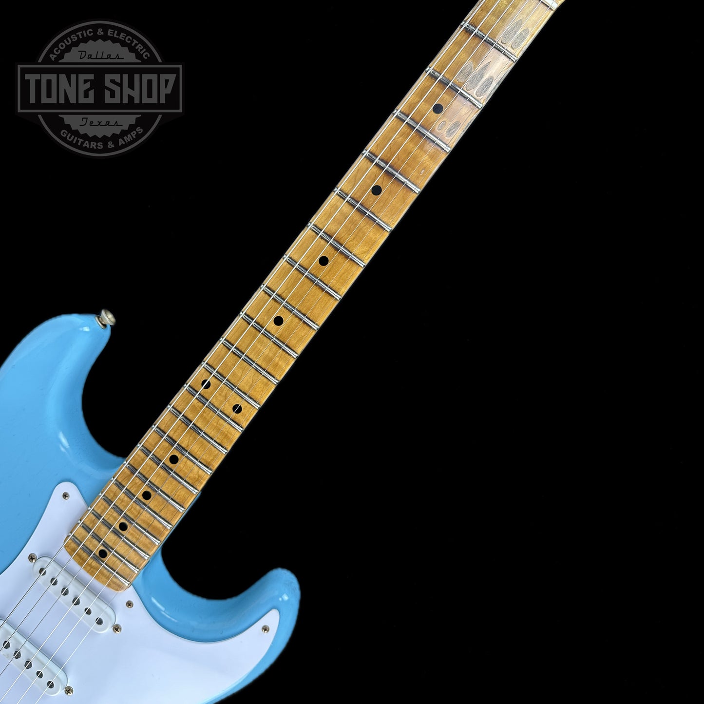 Fretboard of Fender Custom Shop LTD 70th Anniversary 1954 Stratocaster Daphne Blue.