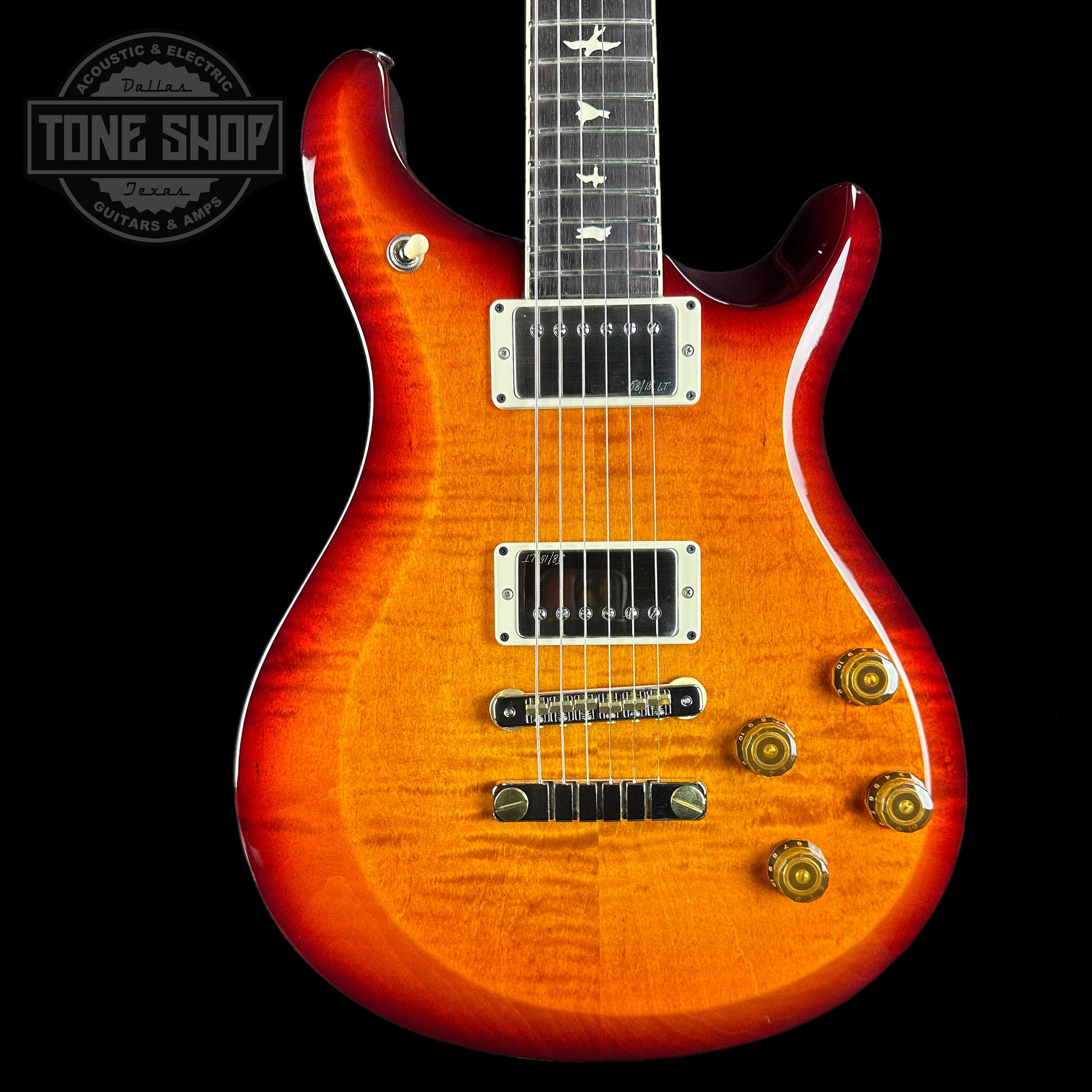 Front of PRS S2 McCarty 594 2024 Spec TSG Flame Top Dark Cherry Sunburst.