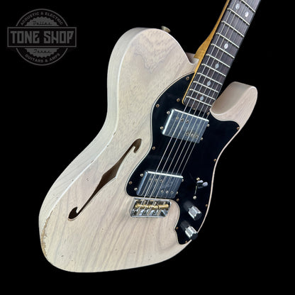 Front angle of Fender Custom Shop Limited Edition 'Bobbed" Tele Thinline Relic Aged White Blonde.