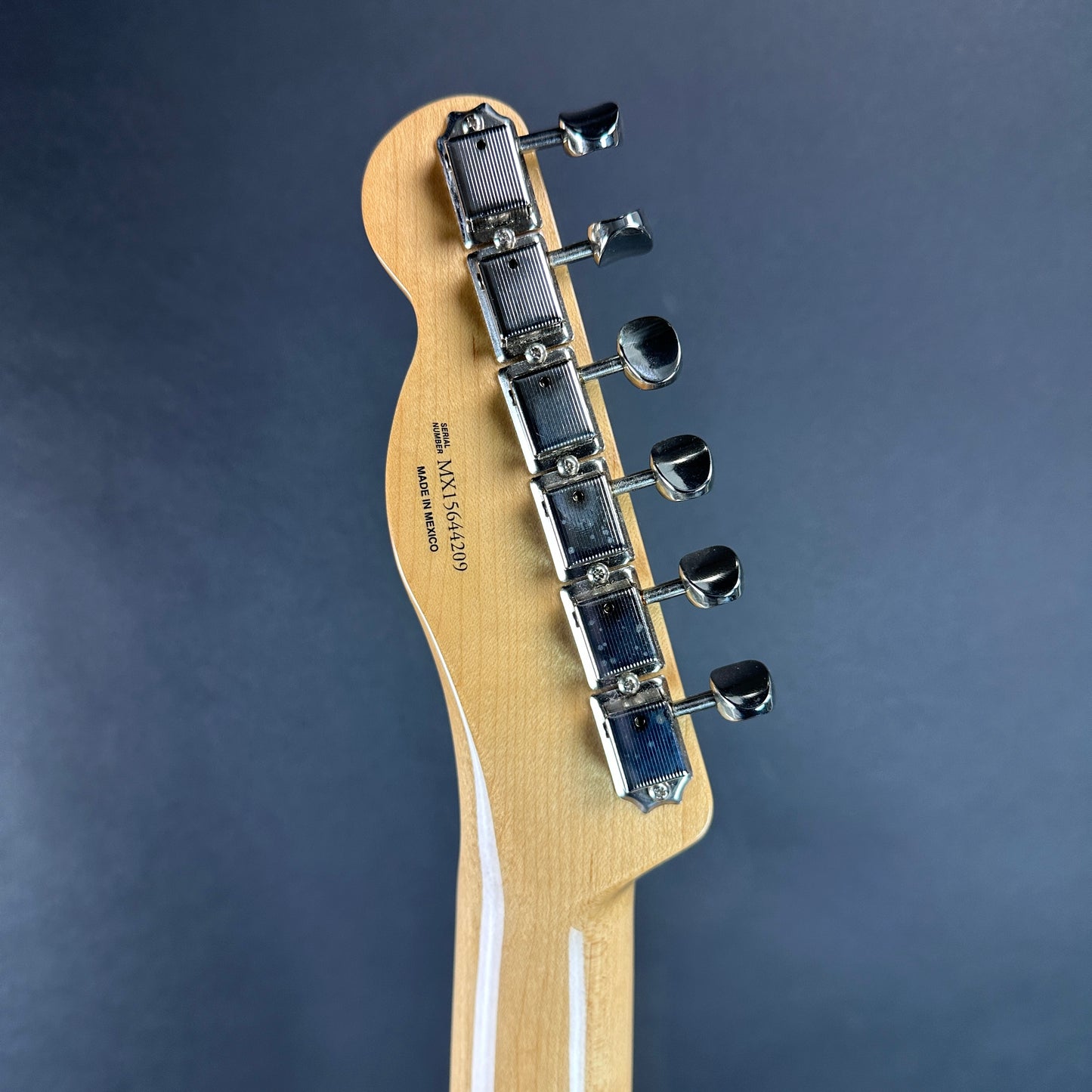 Back of headstock of Used 2015 Fender Classic Player Baja Telecaster Blonde.