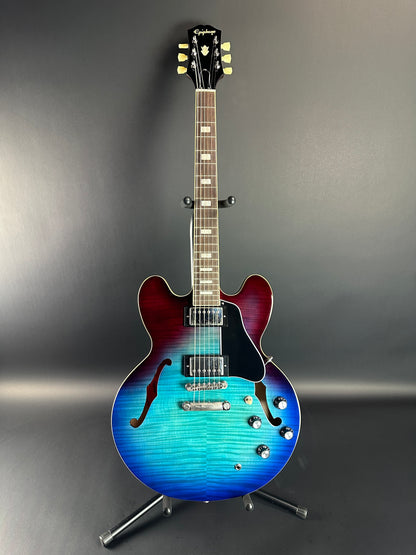 Full front of Used Epiphone ES-335 Figured Blueberry Burst.