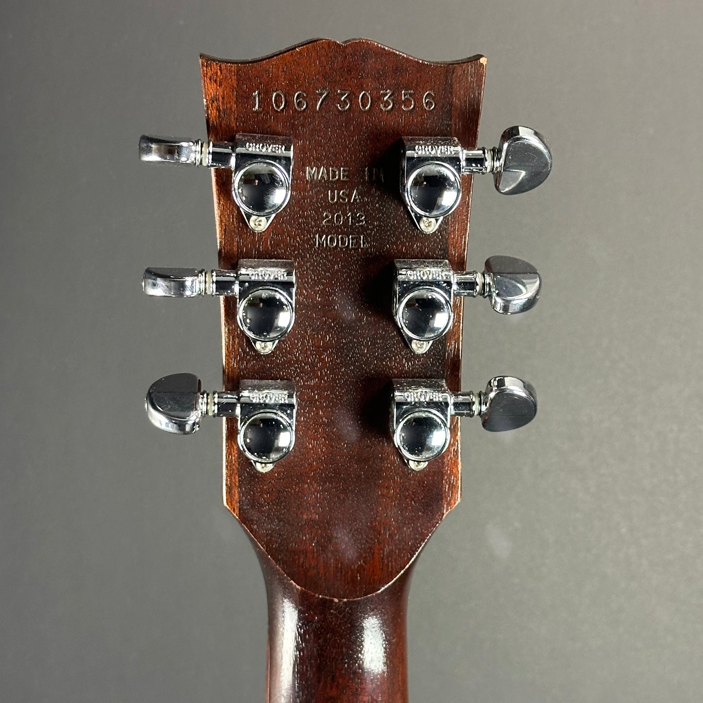 Back of headstock of Used Gibson Les Paul 70's Tribute Gold Top.