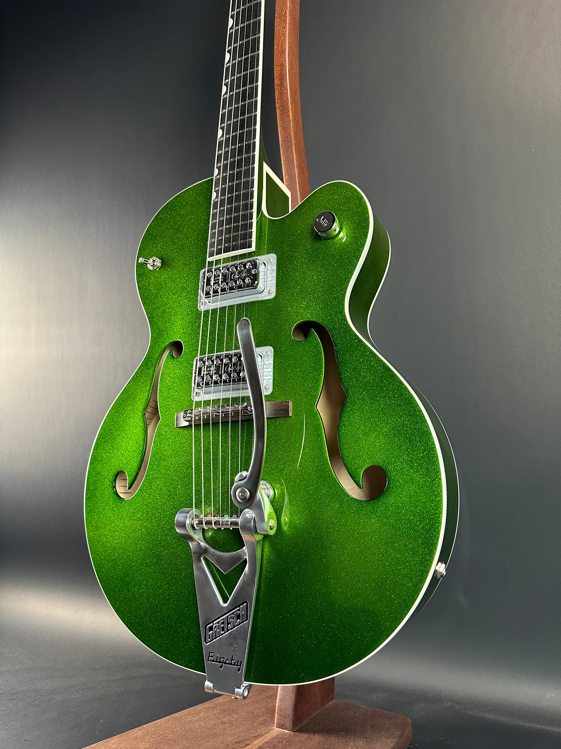 Front angle of Used Gretsch G6120T Brian Setzer Signature Hot Rod Extreme Coolant Green.