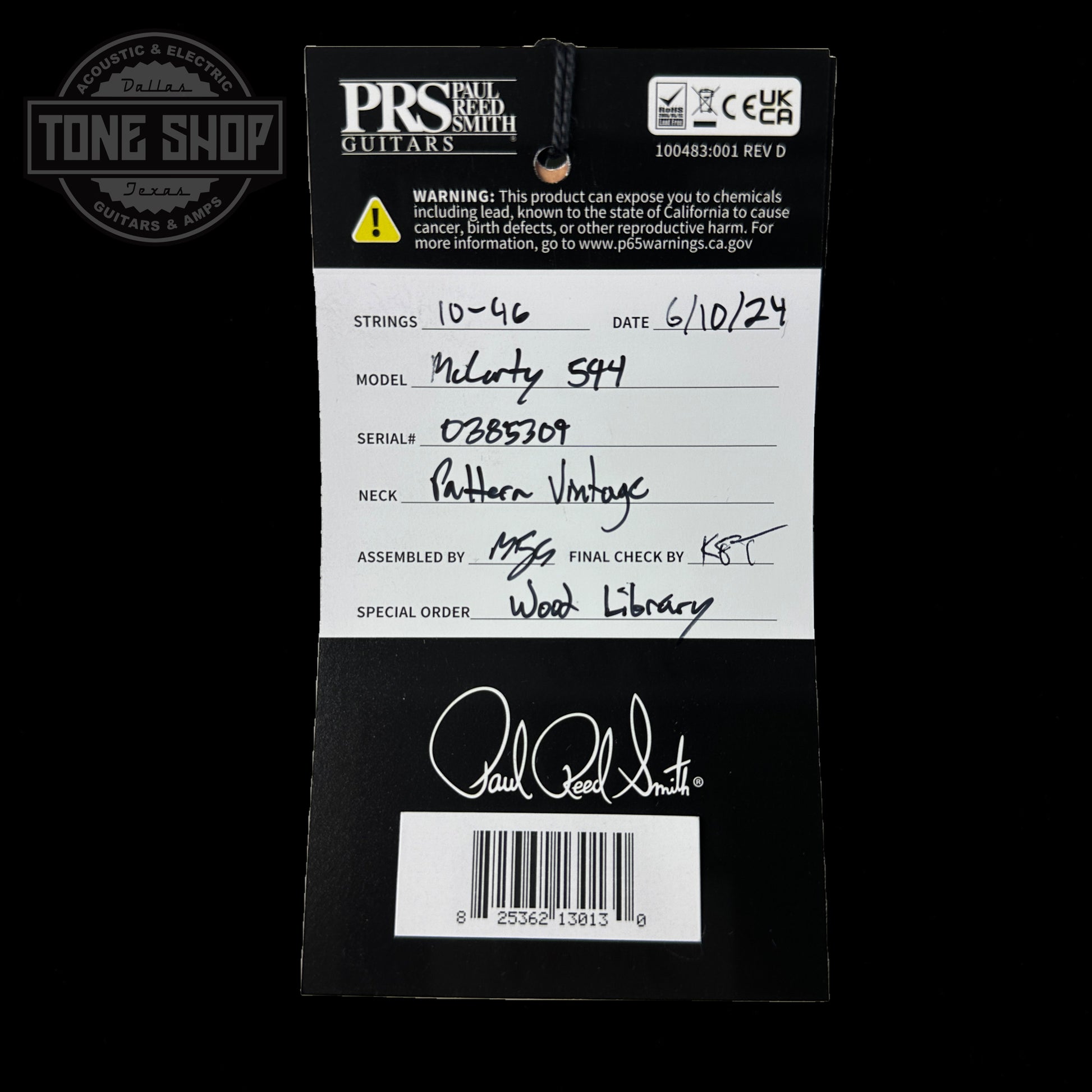 Hang tag for PRS Wood Library McCarty 594 10-top Quilt Faded Whale Blue Smokeburst.