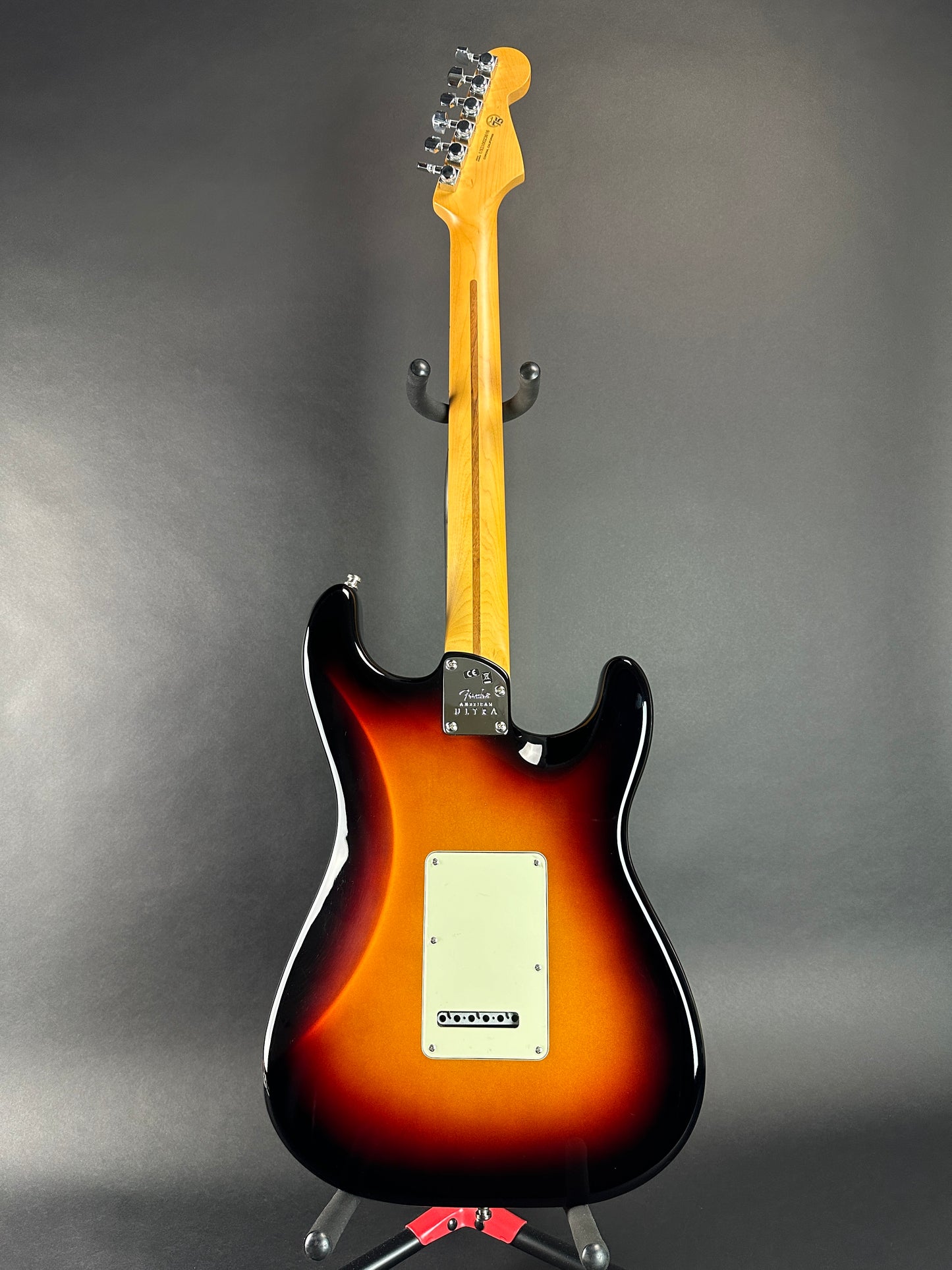 Full back of Used Fender American Ultra Stratocaster Left Hand Ultraburst.