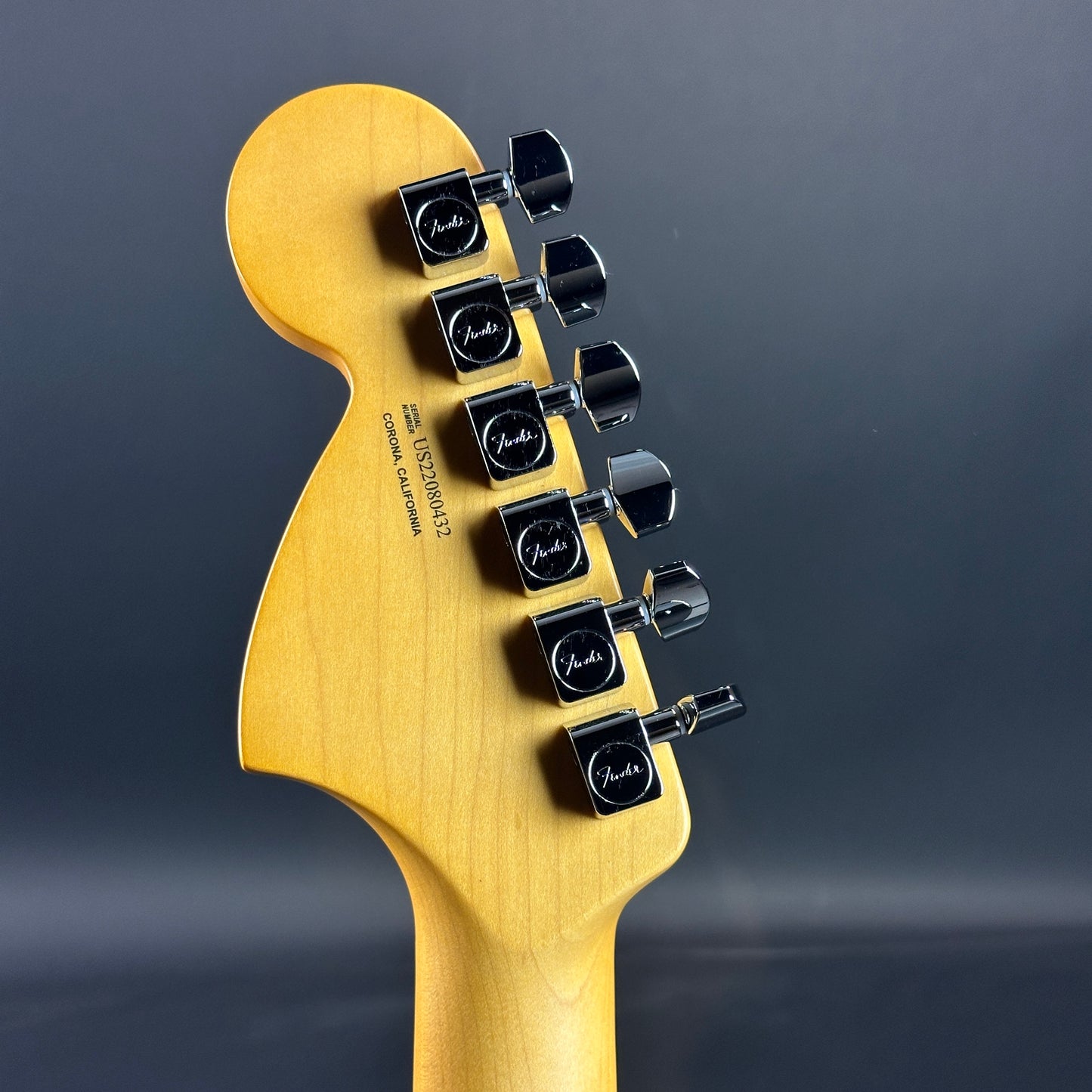 Back of headstock of Used Fender American Pro II Telecaster Deluxe Dark Night.