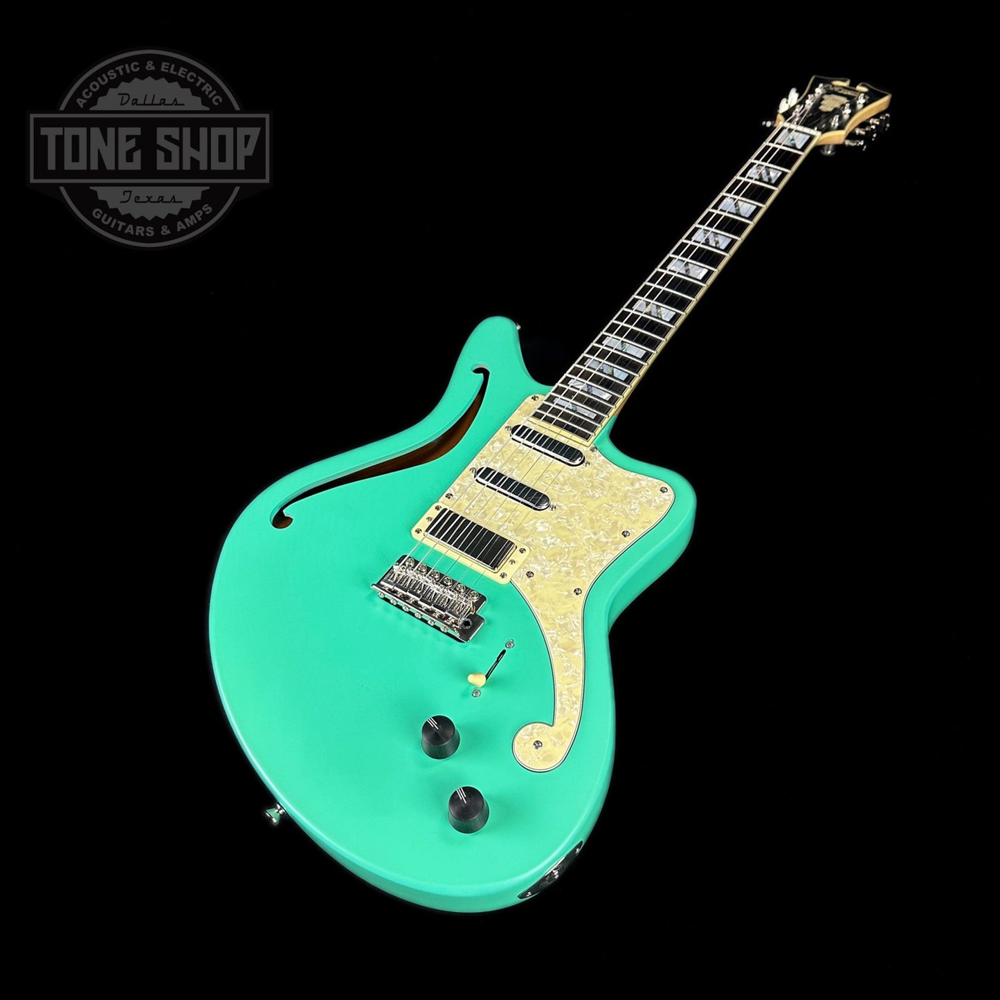 Front angle of Used D'Angelico Deluxe Bedford SH LE Matte Surf Green.