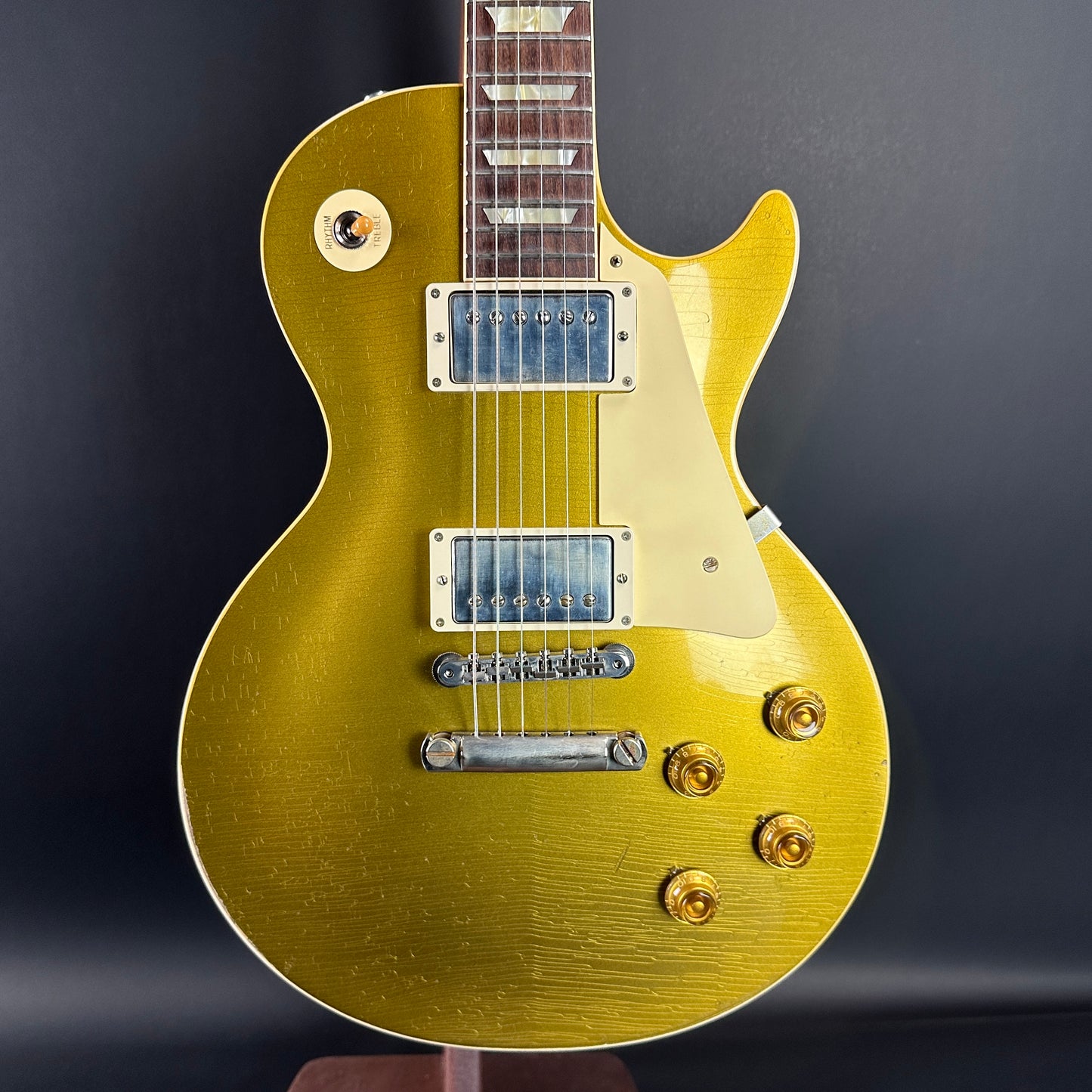 Front of Used Gibson Murphy Lab Light Aged Double Gold 1957 Les Paul Goldtop Dark Back.