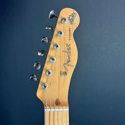 Front of headstock of Used Fender Brad Paisley Esquire Tele Black Sparkle w/Centano T-Bender B&G Bender.