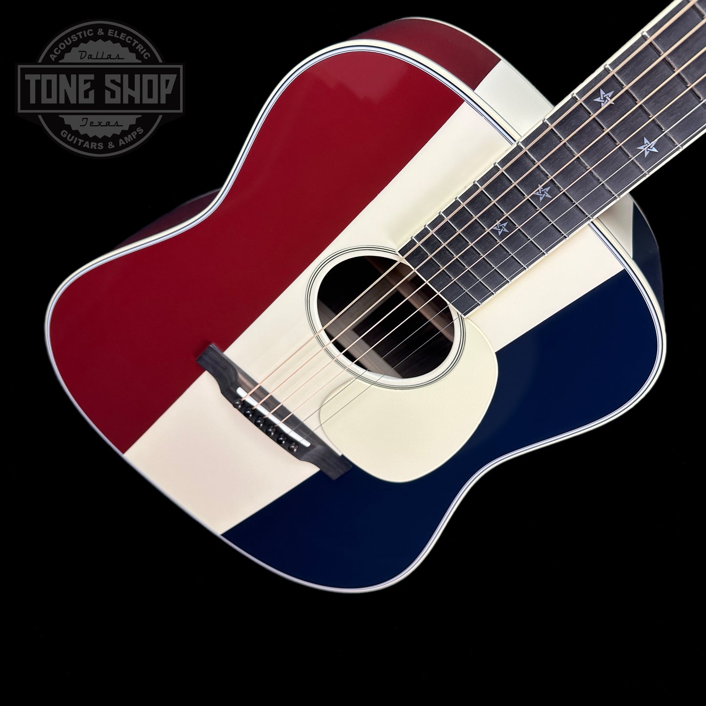 Front angle of Martin Custom Shop D-28 Red/White/Blue Adirondack/EIR.