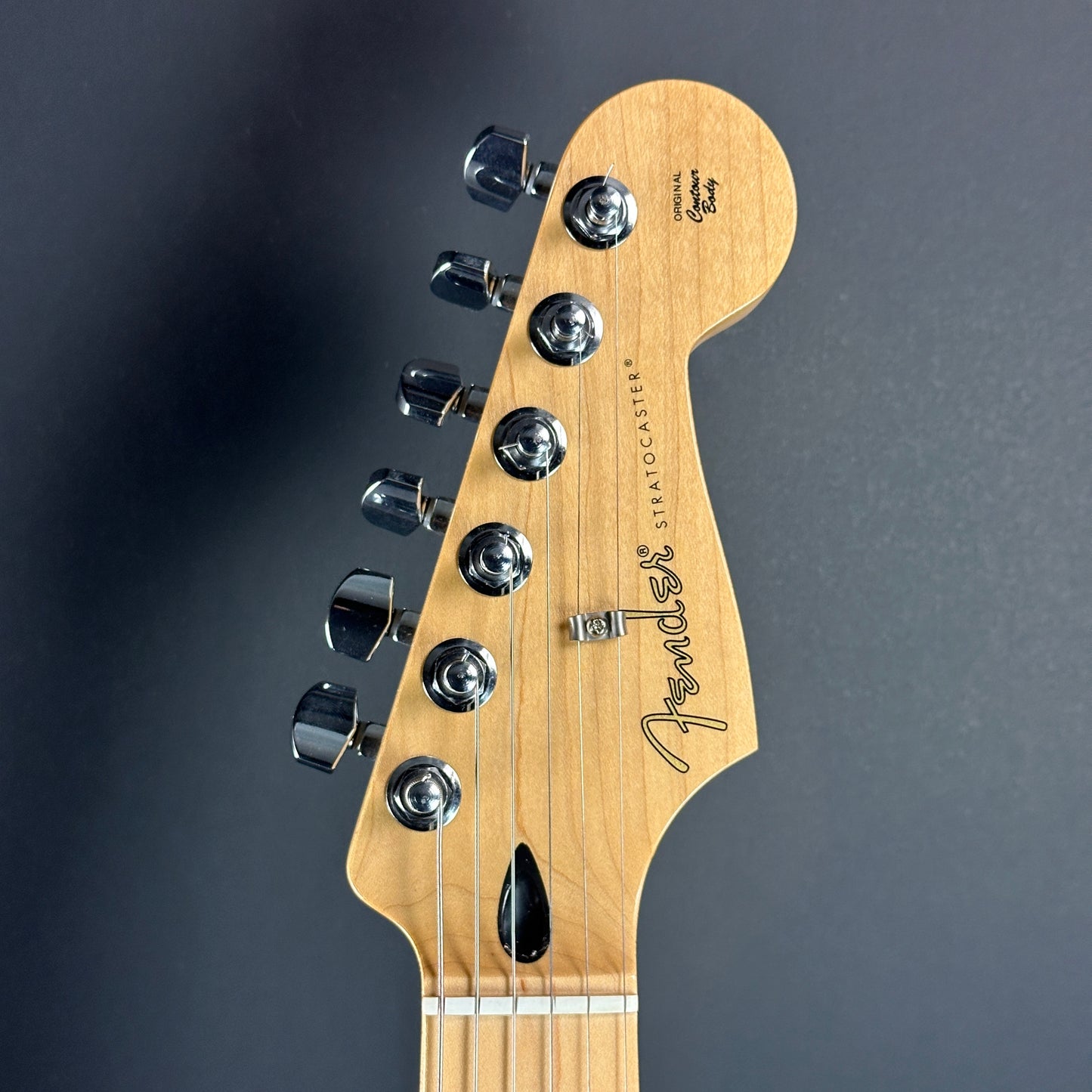 Front of headstock of Used Fender Limited Edition Player Strat HSS Sienna Burst.