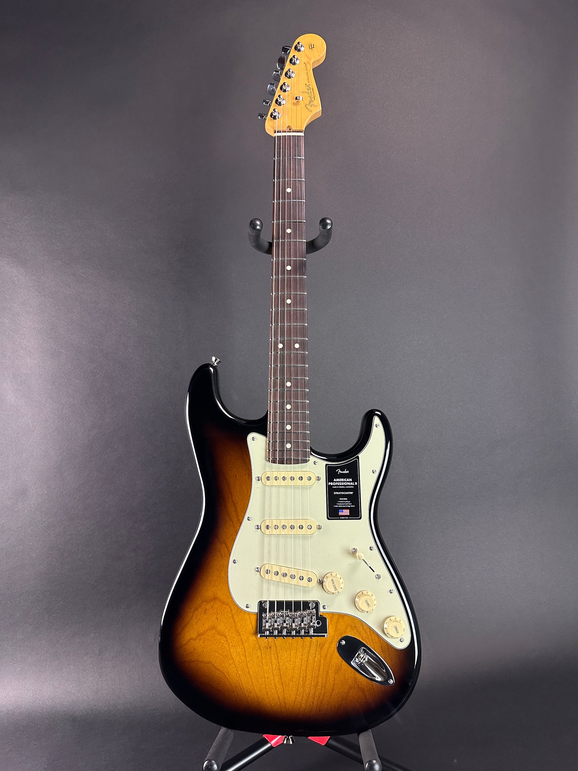 Full front of Used 2023 Fender American Pro II Stratocaster Rosewood 2 Tone Sunburst.