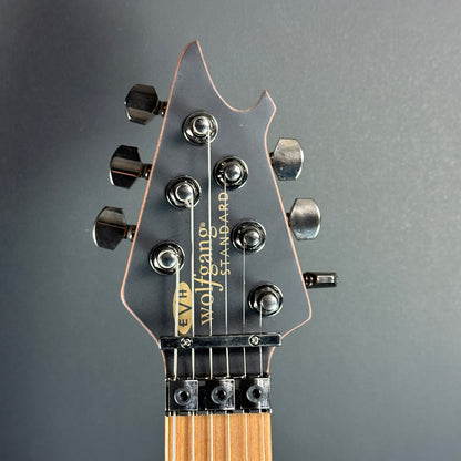 Front of headstock of Used EVH Wolfgang Standard Ziricote.